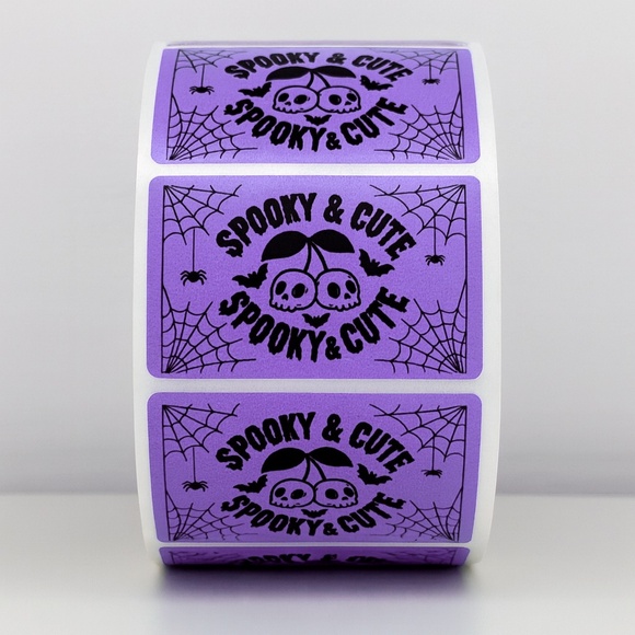 100 Spooky & Cute Halloween Stickers Roll 2x1 inch – Purple Skull Cherry Labels - Picture 1 of 4